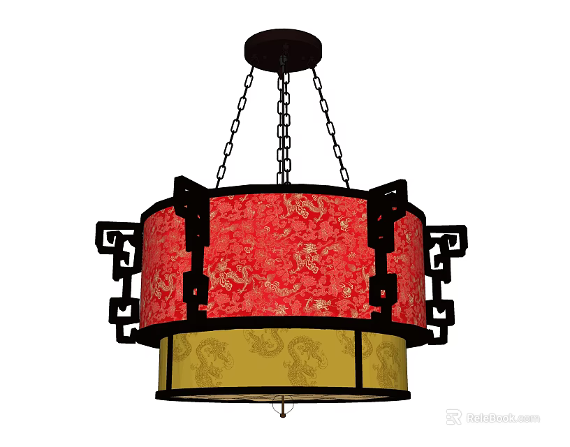 Chinese Style Decorative Chandelier With Red Lampshade Golden Dragon Patterns And Black Frame 3d model 