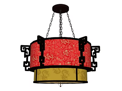Chinese Style Decorative Chandelier With Red Lampshade Golden Dragon Patterns And Black Frame 3d model