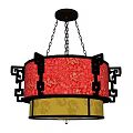 Chinese Style Decorative Chandelier With Red Lampshade Golden Dragon Patterns And Black Frame