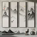 Traditional Chinese Landscape Painting With Misty Mountains Flying Birds And Sun