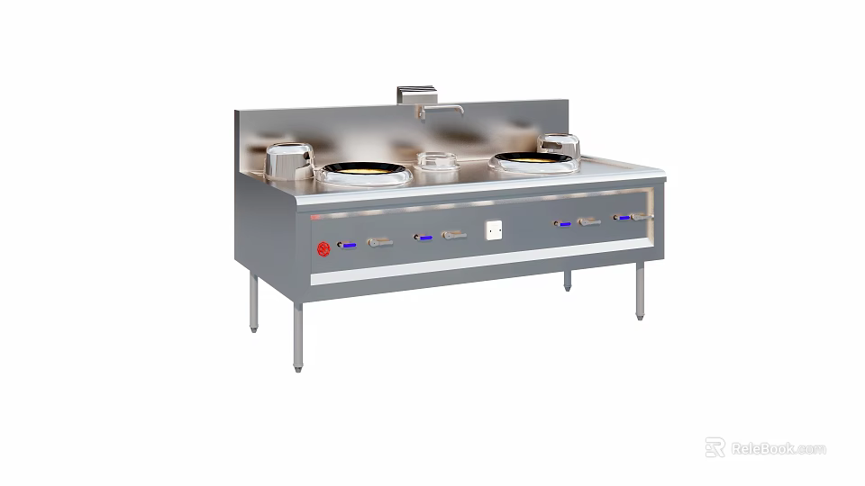 Canteen Commercial Kitchen Stainless Steel Counter With Double Stoves And Faucet 3d model 