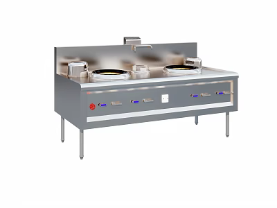 Canteen Commercial Kitchen Stainless Steel Counter With Double Stoves And Faucet 3d model
