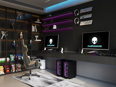 Modern Entertainment Room With Alienware Monitors Gaming Chair Snacks Purple Lighting And Gaming Accessories 3d model