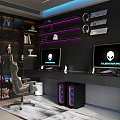 Modern Entertainment Room With Alienware Monitors Gaming Chair Snacks Purple Lighting And Gaming Accessories