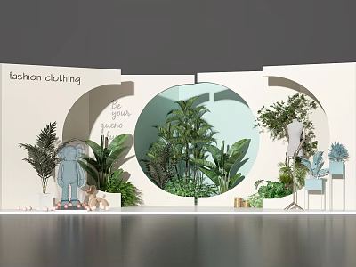 Floral Art Installation For Fashion Clothing Display Area With Circular Window And Fresh Green Plants 3d model