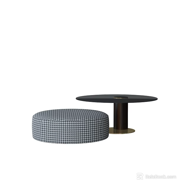 Round Black Coffee Table With Metal Base And Checkered Upholstered Ottoman 3d model