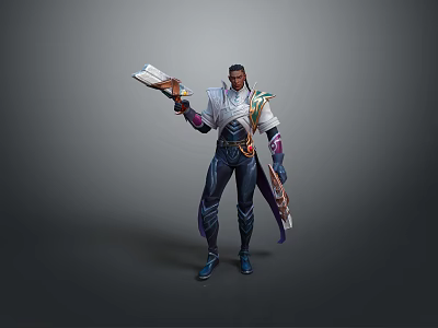 Game And Movie Character In Futuristic Armor Holding Weapon With Decorative Cape 3d model