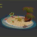Tropical Natural Island Scene With Sandy Beach Palm Trees Beach Chair Wooden Bucket And Seashells