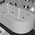 Modern Freestanding White Bathtub by Window in Grey Bathroom with Shelf Toiletries and Bath Mat