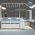 Modern Mall Store Interior With Golden Frame Display Counters And Blue Stool Lighting 3d model