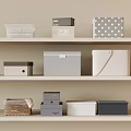 Organized Shelves Displaying Various Storage Boxes and Woven Baskets