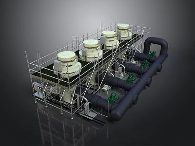 Industrial Processing System With White Vessels Black Pipes And Green Valves 3d model