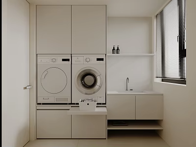 Minimalist Laundry Room Interior With White Cabinets Two Washing Machines Sink And Window 3d model