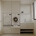 Minimalist Laundry Room Interior With White Cabinets Two Washing Machines Sink And Window