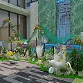 Floral Installation With Woman In White Dress Green Marble Waterfall Colorful Flowers And Curved Arch