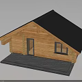 Wooden Log Cabin With Black Roof Door Window And Porch Platform