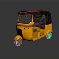 Yellow Three Wheeled Tuk Tuk With Black Roof Seats And Reflective Surface