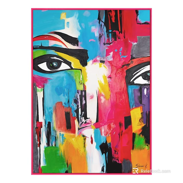 Vibrant Abstract Face Oil Painting With Expressive Eyes And Bold Colors 3d model 