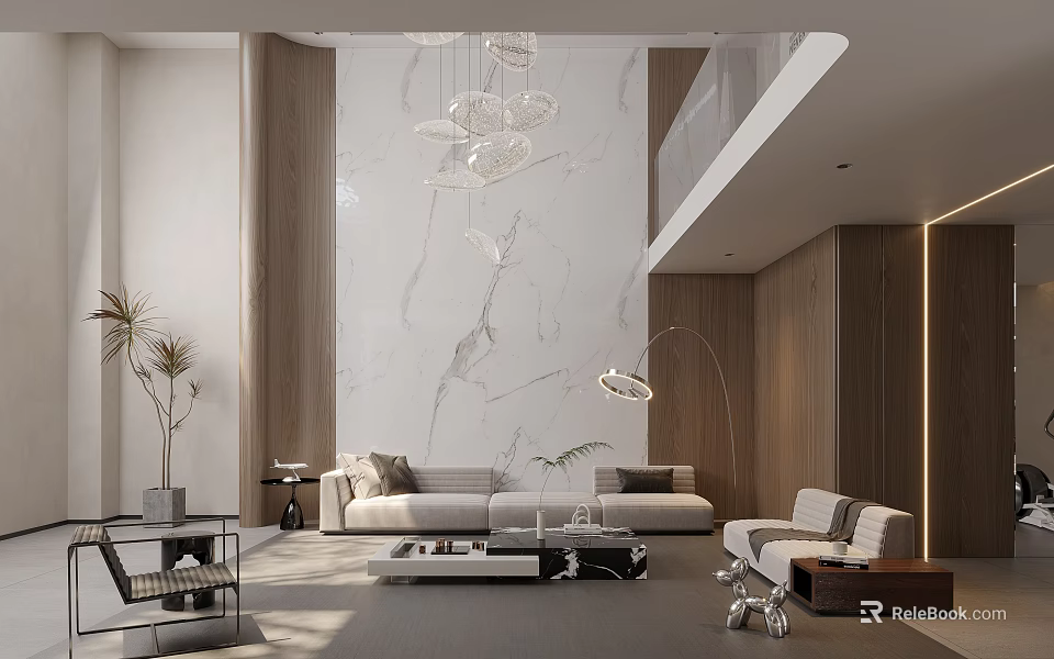 Modern Living Room Interior Design With Marble Wall Wooden Accents Sofa Chandelier And Floor Lamp 3d model 