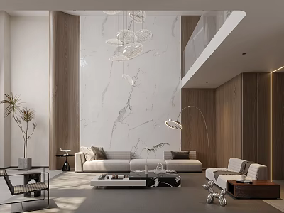 Modern Living Room Interior Design With Marble Wall Wooden Accents Sofa Chandelier And Floor Lamp 3d model