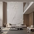 Modern Living Room Interior Design With Marble Wall Wooden Accents Sofa Chandelier And Floor Lamp