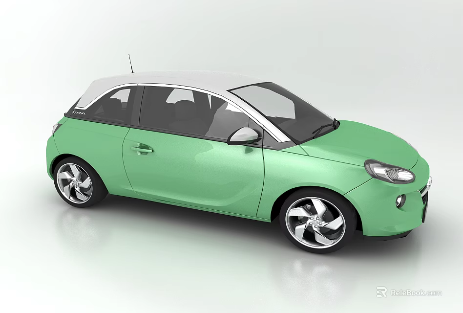 Light Green Compact Two Door Car With White Roof And Silver Wheels 3d model 