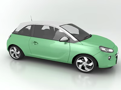 Light Green Compact Two Door Car With White Roof And Silver Wheels 3d model