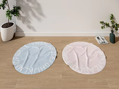 Round Rugs with Alphabet Patterns in Blue and Pink on Wooden Floor with Green Plants 3d model