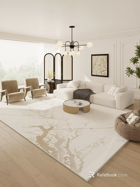 Elegant Living Room Interior With White Sofa Beige Armchairs Round Coffee Table And Patterned Rug 3d model 