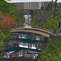 Serene Garden Landscape With Waterfall Small Bridge Stone Steps And Red Maple Tree 3d model