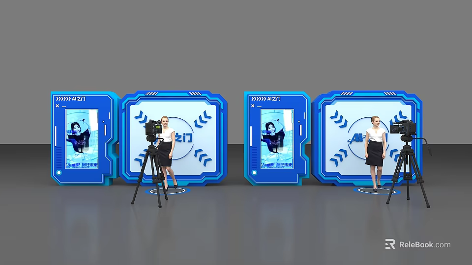 Exhibition Setup With Multiple Blue Display Screens Tripods And Presenters 3d model 