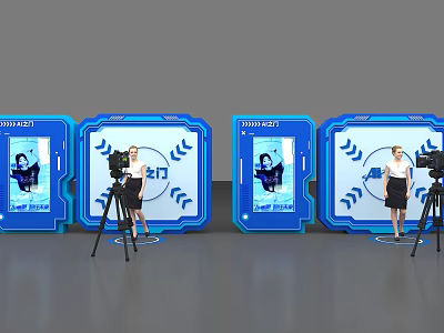 Exhibition Setup With Multiple Blue Display Screens Tripods And Presenters 3d model