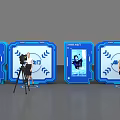 Exhibition Setup With Multiple Blue Display Screens Tripods And Presenters