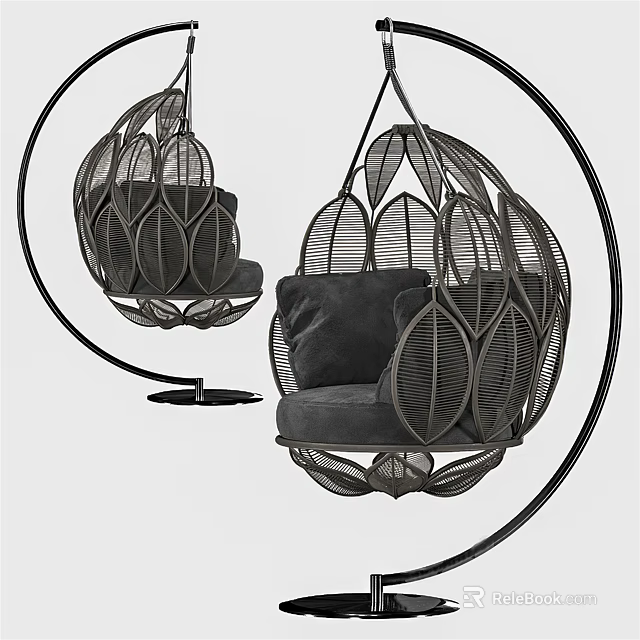 Stylish Rattan Hanging Chair With Egg Shaped Design And Black Cushion Support Frame 3d model 