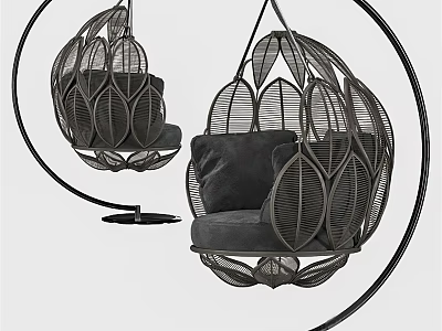 Stylish Rattan Hanging Chair With Egg Shaped Design And Black Cushion Support Frame 3d model