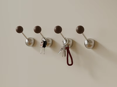 Wall Mounted Hooks with Silver Base and Dark Brown Spherical Tops Hanging Keys 3d model