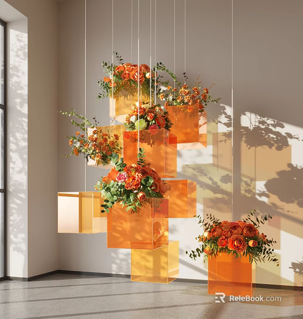 Hanging Orange Flower Arrangements In Transparent Square Containers With Soft Light Shadows 3d model 
