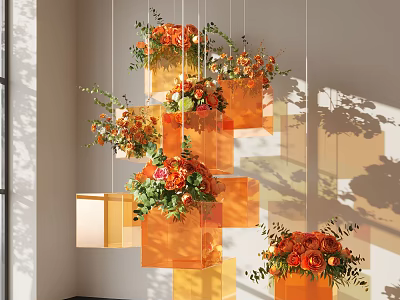 Hanging Orange Flower Arrangements In Transparent Square Containers With Soft Light Shadows 3d model