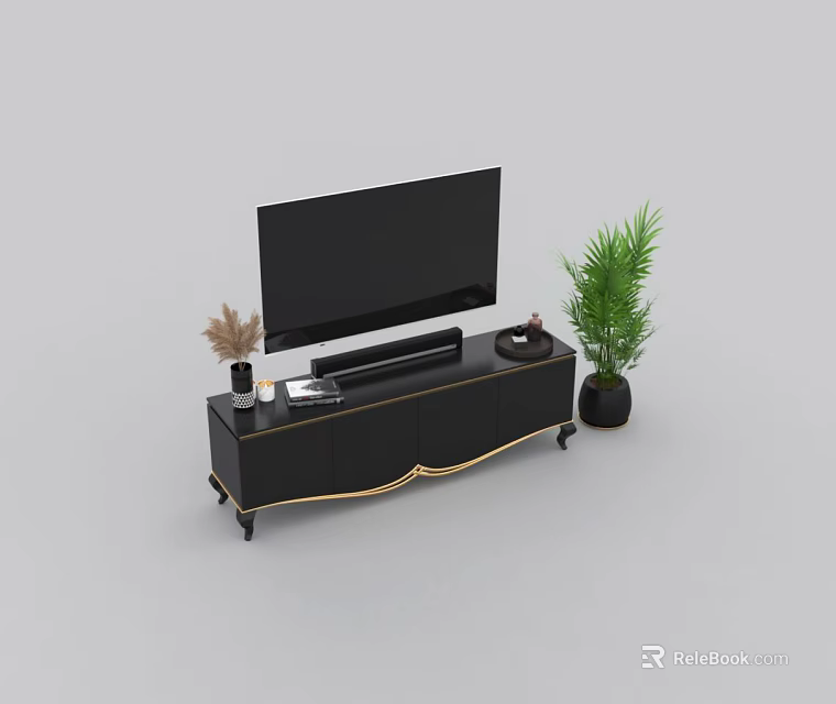 Modern Black TV Stand With Gold Accents TV Soundbar And Decorative Plants 3d model 