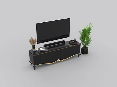 Modern Black TV Stand With Gold Accents TV Soundbar And Decorative Plants 3d model