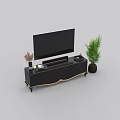 Modern Black TV Stand With Gold Accents TV Soundbar And Decorative Plants