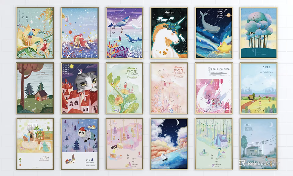 Vibrant Cartoon Illustration Decorative Paintings With Animal Nature Themes For Home Decor 3d model 