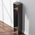 Modern Dark Gray Storage Cabinet With Open Shelves Against White Wall And Wooden Floor