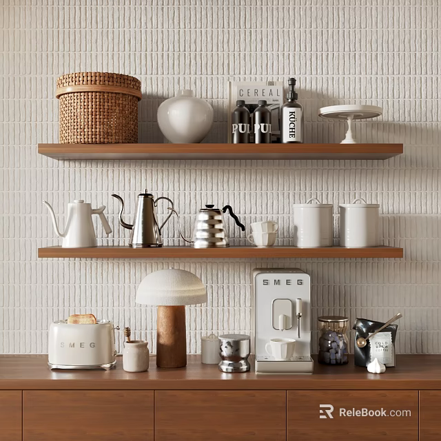 Modern Kitchen Utensils Display on Wooden Shelves with Teapots Kettles Canisters and Coffee Maker 3d model 