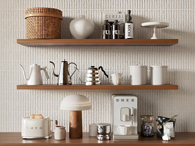 Modern Kitchen Utensils Display on Wooden Shelves with Teapots Kettles Canisters and Coffee Maker 3d model