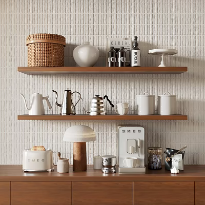 Modern Kitchen Utensils Display on Wooden Shelves with Teapots Kettles Canisters and Coffee Maker 3d model
