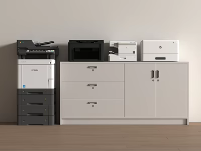 Office Appliances Including Multifunctional Printers On Storage Cabinet With White Wall And Wooden Floor 3d model