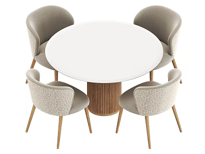 Modern Round Dining Table Set With White Tabletop Wooden Base And Four Light Gray Chairs 3d model
