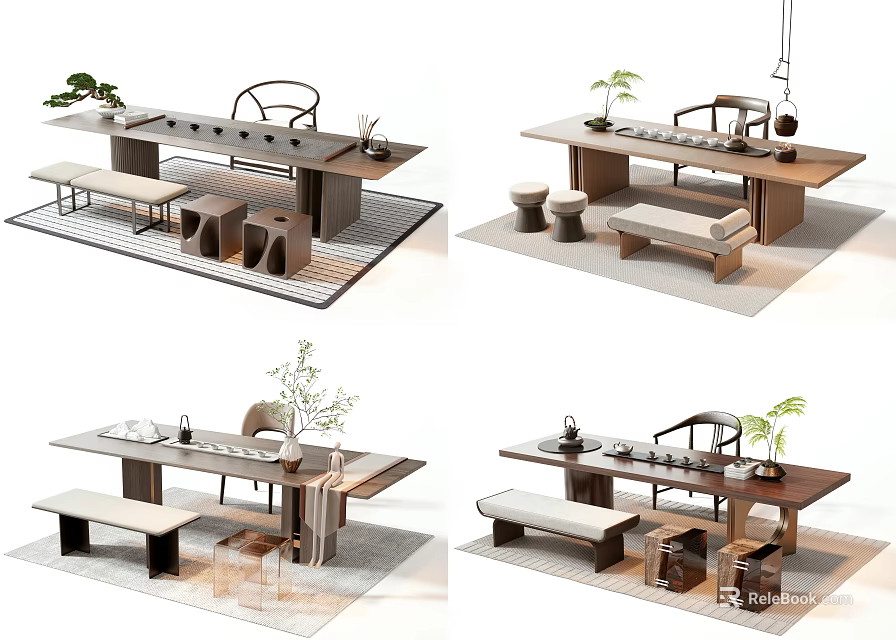 Chinese Style Wooden Tea Table and Chairs with Tea Set Green Plants and Stools 3d model 