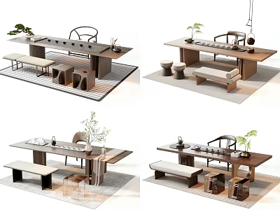 Chinese Style Wooden Tea Table and Chairs with Tea Set Green Plants and Stools 3d model